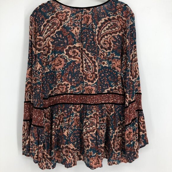 American Eagle Rustic colored Boho Retro Paisley Print Long Bell Sleeve Blouse M - Picture 4 of 16